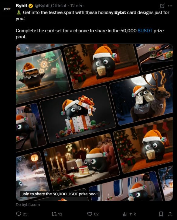 Dans le cadre de ses célébrations de fin d'année 2025 et de son 7ᵉ anniversaire, la plateforme d'échange Bybit lance une vaste campagne de récompenses pour les utilisateurs de sa carte de paiement. La campagne, nommée « Mystery Boxes Christmas », vise à booster l'adoption de la Bybit Card et de Bybit Pay en récompensant directement les dépenses quotidiennes en cryptomonnaies.

Cette initiative s'inscrit dans un programme global mobilisant plusieurs millions de dollars de récompenses durant cette période festive des fêtes de fin d'année. L’événement principal de la carte Bybit se déroule du 3 décembre 2025 au 6 janvier 2026 et permet aux participants de concourir pour une part d'une cagnotte totale de 50 000 USDT. Explications.