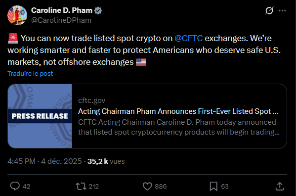 On le sentait arriver depuis quelques semaines et la Commodity Futures Trading Commission (CFTC) des États-Unis a finalement bien approuvé le trading de produits cryptographiques au comptant sur des bourses à terme réglementées au niveau fédéral.