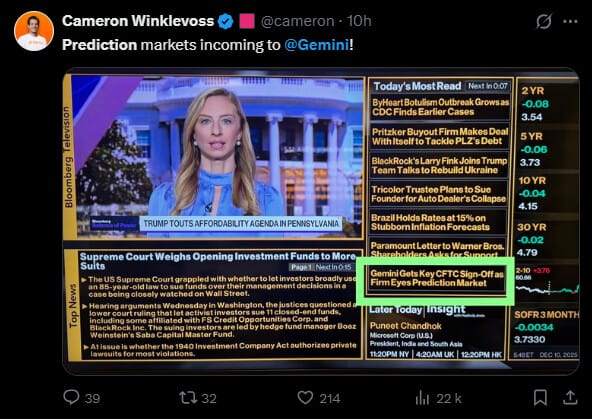 Les marchés prédictifs sont la nouvelle tendance de l’industrie crypto. Ces derniers permettent de parier sur des évènements futurs, qu’il s’agisse de sport, de politique ou encore de météo, et après Polymarket ou encore Kalshi, c’est au tour du géant Gemini de se lancer dans ces marchés.