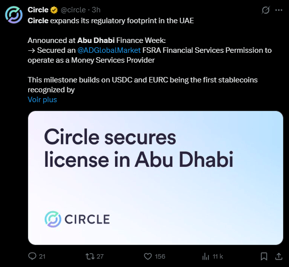 La société émettrice du stablecoin USDC, Circle, vient d’annoncer deux bonnes nouvelles. D’une part, elle a obtenu une licence pour opérer aux Émirats arabes unis et d’autre part, elle a embauché une nouvelle cadre dirigeante, venant de Visa, pour renforcer son implantation dans la région du Moyen-Orient. Quant à Abu Dhabi, après Binance, c'est un autre géant du secteur qui pose ses valises dans cet Émirat qui est définitivement the place to be. 