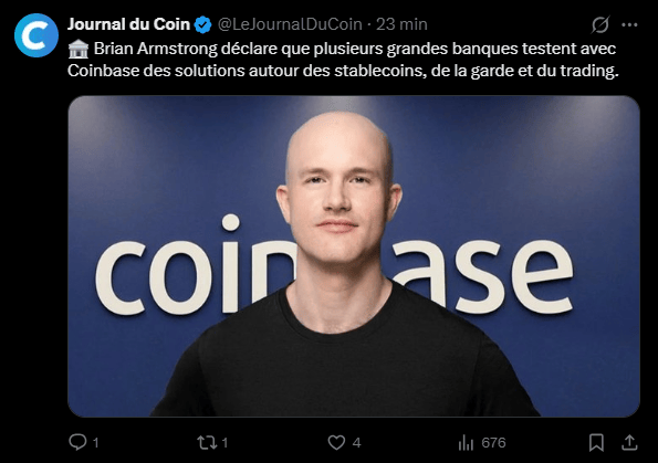 La plateforme crypto américaine collabore avec plusieurs institutions financières majeures pour des projets pilotes sur les stablecoins, la garde de cryptomonnaies et le trading d’actifs numériques. C’est ce que vient d'annoncer Brian Armstrong, PDG de Coinbase, lors du DealBook Summit du New York Times, sans toutefois nommer les banques impliquées.