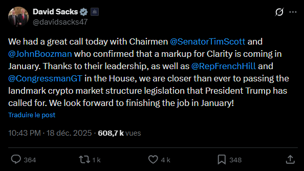 Le Clarity for Digital Tokens Act est un projet de loi qui vise à clarifier la classification des cryptomonnaies aux États-Unis. Il propose de créer une distinction claire entre les titres financiers (securities) et les actifs numériques, offrant ainsi une plus grande sécurité juridique pour les développeurs et les investisseurs. Ce projet de loi est soutenu par une partie de l’industrie de la crypto, car il pourrait réduire l’incertitude réglementaire et favoriser l’innovation dans le secteur. Toutefois, il fait face à une opposition politique, notamment de la part de ceux qui craignent qu’il n’affaiblisse les protections des consommateurs et n’encourage la fraude.