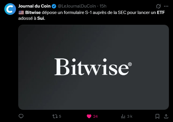 Bitwise, un des leaders dans la gestion d’index crypto, vient de déposer une demande auprès de la SEC pour lancer un ETF basé sur le jeton SUI. Cette initiative marque l’entrée de Bitwise dans une compétition féroce pour être le premier à proposer un ETF SUI, un produit financier qui pourrait bien séduire les investisseurs à la recherche d’une exposition plus large aux cryptomonnaies.