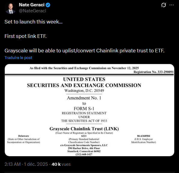 Le 2 janvier 2024, les ETF Bitcoin au comptant ont été approuvés par la SEC et depuis, de nombreux autres ETF cryptos ont suivi, avec notamment les ETF ETH, SOL, XRP ou encore DOGE. Désormais, c’est au tour de Chainlink d’être sous le feu des projecteurs avec Grayscale qui pourrait bien être le premier à lancer un ETF au comptant sur l'oracle star de l'écosystème crypto.
