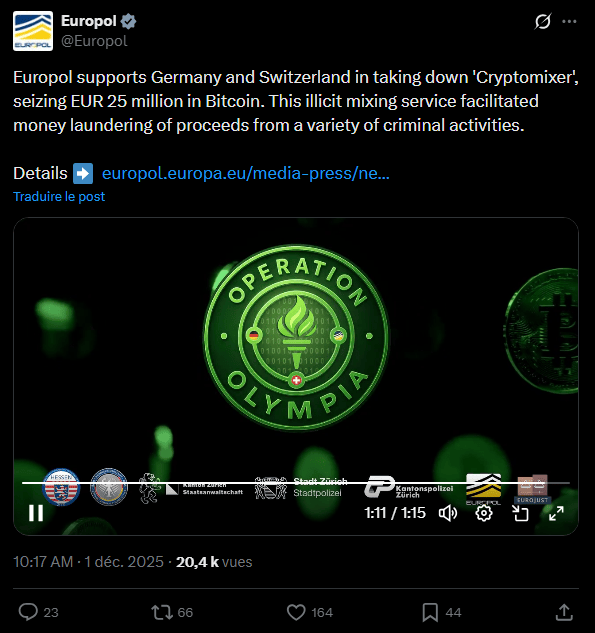 Les autorités européennes ont réussi à démanteler Cryptomixer, un service de mélange de crypto qui a blanchi plus de 1,4 milliard de dollars en bitcoins depuis 2016. Lors de cette opération coordonnée en Suisse, les forces de l’ordre ont saisi plus de 25 millions de dollars en BTC et 12 téraoctets de données.