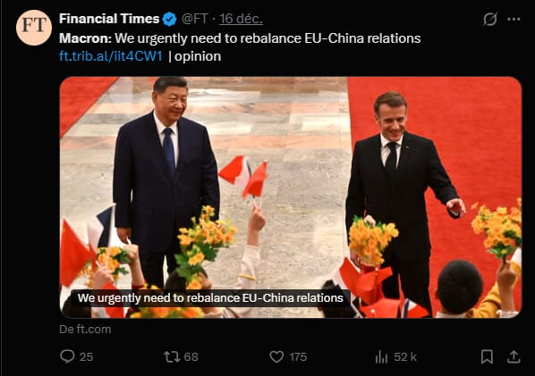 Alors que le monde entier a les yeux rivés sur les tensions commerciales entre les États-Unis et la Chine, Emmanuel Macron, dans une tribune publiée par le Financial Times, met en lumière un autre déséquilibre préoccupant : celui entre l’Union européenne (UE) et la Chine. Le président français appelle à une action urgente pour rééquilibrer ces relations, alors que le surplus commercial de la Chine avec l’UE a presque doublé en 10 ans, atteignant 300 milliards d’euros.