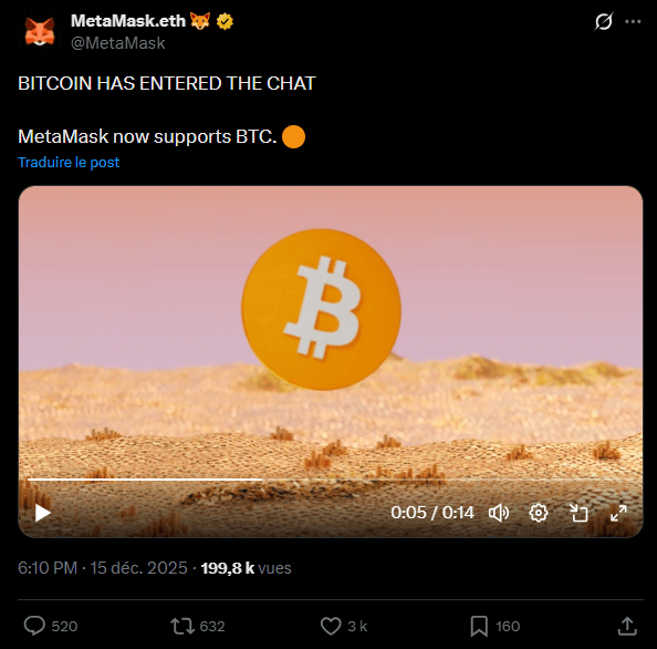 MetaMask est le portefeuille crypto le plus utilisé de l’écosystème et, initialement, ce dernier était limité à Ethereum et aux chaînes compatibles EVM. Toutefois, en mai 2025, MetaMask a annoncé son expansion au-delà de ce réseau et le wallet a ajouté le support de Solana en mai, puis de Sei en août et enfin de Monad en novembre. Mais c'est une autre crypto que tout le monde attendait et qui avait été annoncée en février dernier : Bitcoin. Une promesse qui vient finalement d’être tenue.