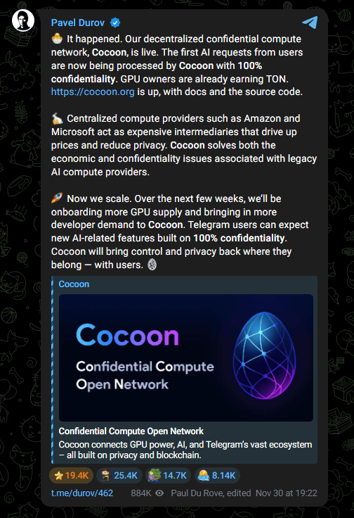 Pavel Durov, le fondateur de Telegram et grand défenseur de la liberté d'expression, avait annoncé en octobre dernier le lancement de Cocoon, une intelligence artificielle décentralisée basée sur TON. Celle-ci est désormais disponible pour le grand public et on en connait un peu les contours. 