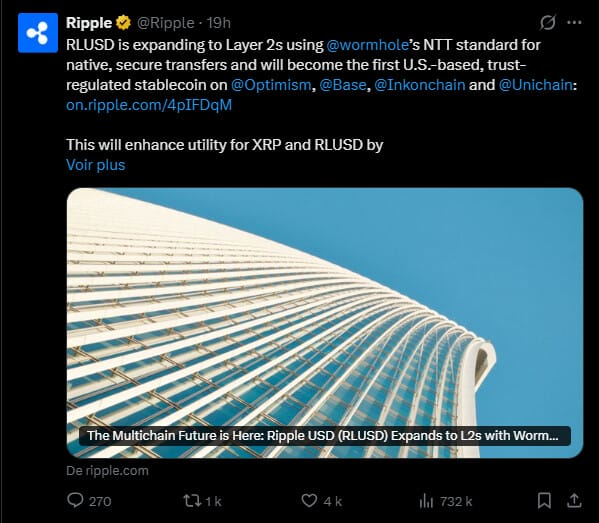 Le 10 janvier 2024, Ripple a dévoilé son stablecoin maison, le RLUSD. Depuis, ce dernier a été déployé sur le XRP Ledger ainsi que sur Ethereum, mais la société de Brad Garlonghouse souhaite étendre encore plus la portée de son stablecoin.