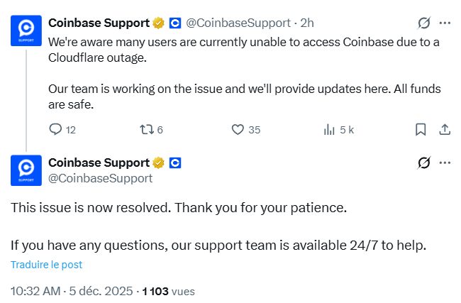L’exchange Coinbase a été impacté par la nouvelle panne de Cloudflare.