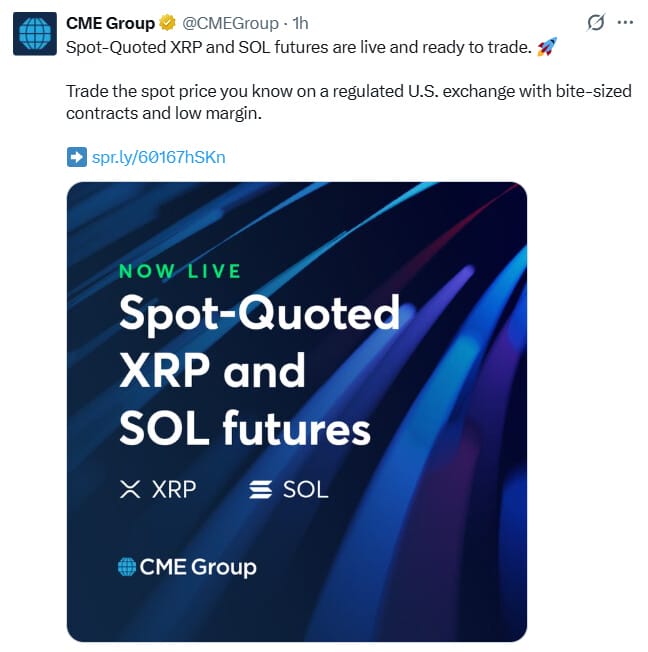 CME Group lance des contrats à terme au comptant sur XRP et SOL.