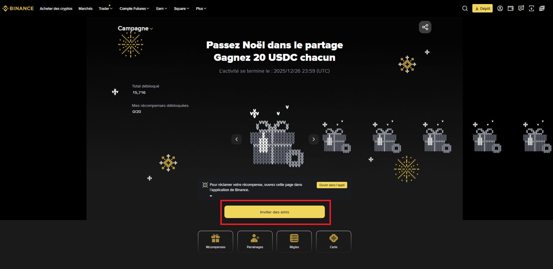 il faut créer un lien de parrainage pour participer à la campagne de Noël sur Binance.
