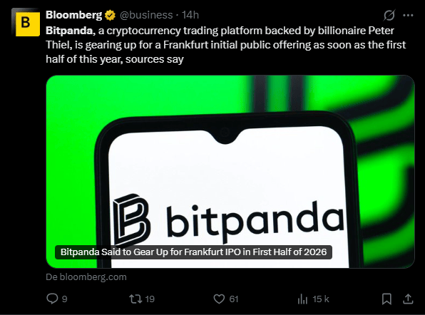 L’exchange Bitpanda, basé à Vienne, envisage de s’introduire en bourse en Allemagne au premier semestre 2026, avec une valorisation estimée entre 4,6 et 5,8 milliards de dollars. Soutenue par des investisseurs de renom comme Peter Thiel et Alan Howard, Bitpanda pourrait marquer une première dans le secteur en devenant la seule plateforme crypto cotée en Europe. Cette décision intervient alors que l’entreprise a récemment obtenu une licence MiCA en France, renforçant sa position sur le marché européen.