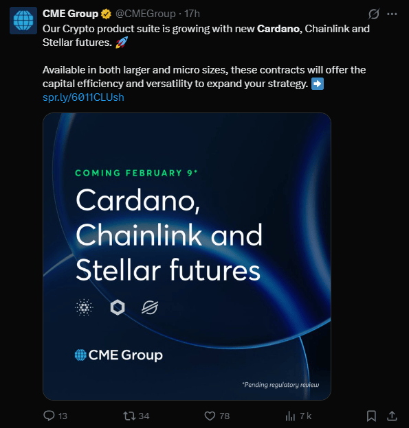 Le géant de Chicago, CME Group, franchit une nouvelle étape décisive dans l'institutionnalisation des actifs numériques. En ce début d'année 2026, la première place de marché de produits dérivés au monde a officialisé l'extension de sa gamme de contrats à terme, intégrant trois nouveaux piliers du secteur : Cardano (ADA), Chainlink (LINK) et Stellar (Lumens). Cette décision, prévue pour une mise en œuvre le 9 février 2026, répond à une croissance record de l'activité sur les produits dérivés crypto l'année précédente et confirme l'intégration croissante des actifs numériques dans les portefeuilles institutionnels et particuliers aux États-Unis.