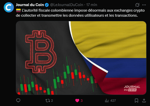  En Colombie, la Direction des Impôts et des Douanes Nationales (DIAN) a récemment émis une directive qui pourrait bien bouleverser le paysage crypto du pays. Selon la presse locale, les exchanges de cryptomonnaies opérant en Colombie seront désormais tenus de fournir des informations détaillées sur les transactions de leurs utilisateurs à des fins fiscales.