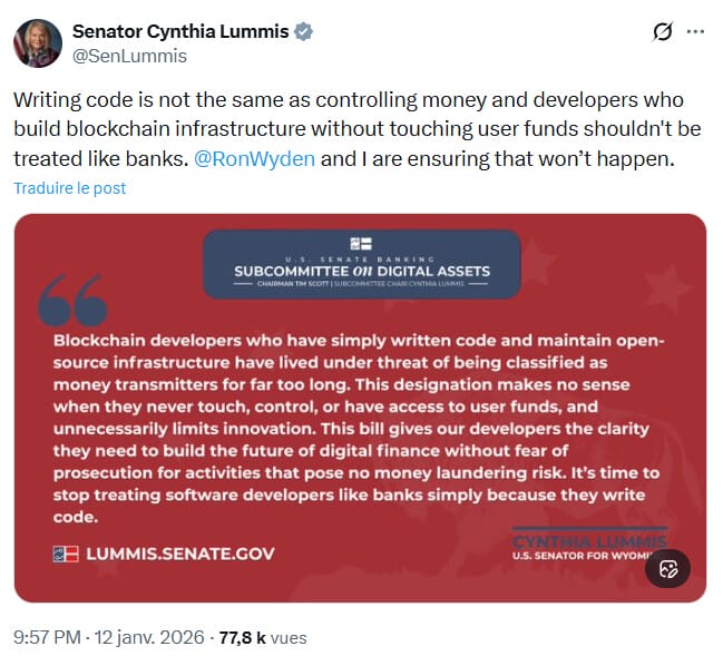 La sénatrice Cynthia Lummis aide le Solana Policy Institute dans sa démarche de protéger les développeurs DeFi.