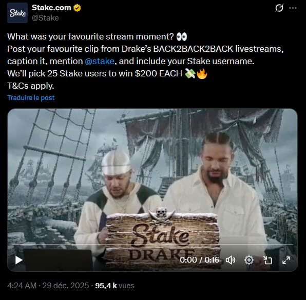 Une action collective déposée en Virginie accuse la star de la musique d’avoir utilisé le casino crypto Stake pour des transactions financières douteuses liées à des campagnes de streaming frauduleuses. Aux côtés de Drake, le streamer Adin Ross et l’Australien George Nguyen sont également visés pour des violations de la loi RICO (Racketeer Influenced and Corrupt Organizations), habituellement réservée aux affaires de crime organisé.