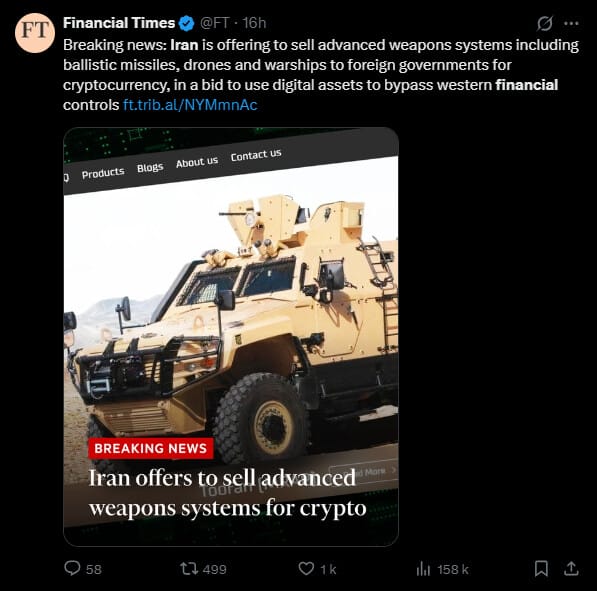 L’utilisation des cryptomonnaies comme moyen de paiement international est une perspective qui peut déranger dans les chancelleries, d’autant plus dans le cas de pays comme l’Iran, sous le coup de sanctions économiques imposées par les États-Unis. Selon le Financial Times, le gouvernement local aurait récemment annoncé l’utilisation de ces actifs numériques pour ses échanges internationaux et plus particulièrement pour des ventes d'armes. Voilà qui va sûrement faire parler sur la planète crypto. 