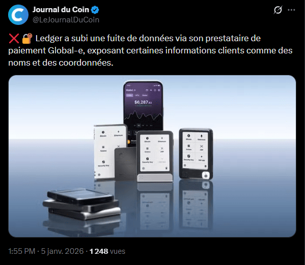 Le 5 janvier 2026, le prestataire de services de paiement et de logistique Global-e a commencé à notifier par courrier électronique une partie des clients de Ledger concernant un incident de sécurité. Cette intrusion, localisée sur une portion du réseau cloud de Global-e, a entraîné un accès non autorisé à des données d'identification et de livraison. Ledger, partenaire de Global-e pour ses transactions internationales, voit ainsi une partie de sa base de données clients exposée via ce prestataire tiers.