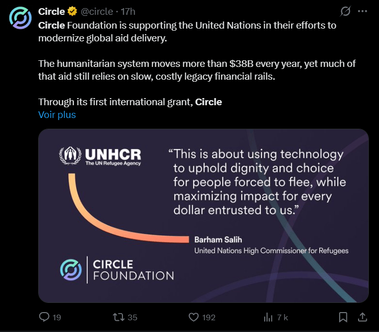 Lors du Forum économique mondial de Davos, la Circle Foundation a annoncé l'octroi de sa toute première subvention internationale au profit du Digital Hub of Treasury Solutions (DHoTS) de l'ONU. Ce partenariat vise à moderniser un système d'aide mondiale de 38 milliards de dollars qui repose encore largement sur des infrastructures bancaires vieillissantes et lentes.