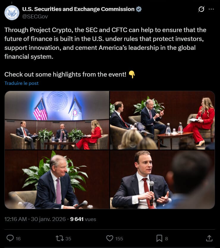 Après des années de rivalité juridictionnelle, les deux principaux régulateurs financiers américains ont décidé de parler d'une seule voix. Le jeudi 29 janvier 2026, Paul Atkins (SEC) et Michael Selig (CFTC) ont annoncé le lancement de « Project Crypto », une initiative conjointe visant à harmoniser la surveillance des marchés numériques. Ce rapprochement marque la fin officielle de la « guerre de territoire » entre les agences et promet d'apporter enfin la clarté attendue par les investisseurs et les entreprises du secteur.