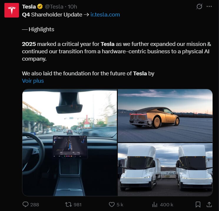 Fidèle à sa stratégie de conservation entamée il y a plusieurs années, Tesla n'a pas touché à ses réserves de Bitcoin au quatrième trimestre 2025. Malgré une forte volatilité du marché, le constructeur dirigé par Elon Musk a maintenu sa position de 11 509 BTC. Si ce choix témoigne d'une certaine résilience, la baisse du cours en fin d'année a toutefois forcé l'entreprise à enregistrer une perte comptable notable dans ses résultats officiels publiés ce 28 janvier 2026.