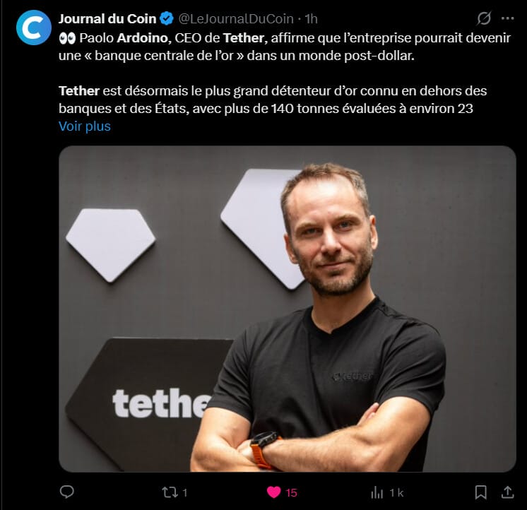 Le géant du stablecoin Tether ne se contente plus de dominer les échanges numériques. Dans une interview accordée à Bloomberg ce mardi 27 janvier 2026, son PDG Paolo Ardoino a révélé une ambition monumentale : transformer Tether en l'une des principales puissances mondiales du marché de l'or. En accumulant des réserves physiques massives, l'entreprise entend rivaliser directement avec les banques centrales et les géants bancaires traditionnels, s'affirmant comme un pilier de la stabilité financière globale.