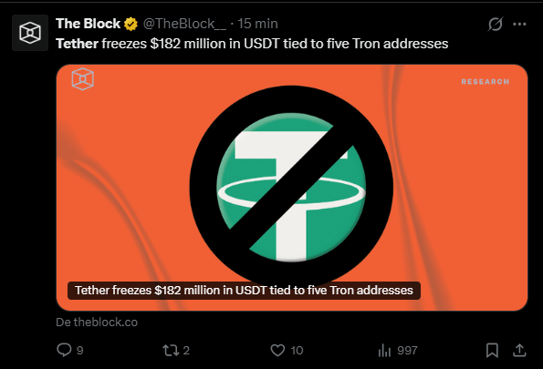 La société Tether est à l’origine du stablecoin USDT et comme tous les émetteurs de stablecoins, Tether dispose d’une liste noire d’adresses. Lorsque l'une d'elles est ajoutée à cette liste, les USDT qu’elle détient sont gelés et ne peuvent plus être utilisés. La société vient d'ailleurs de geler l’équivalent de 182 millions de dollars sur le réseau Tron.