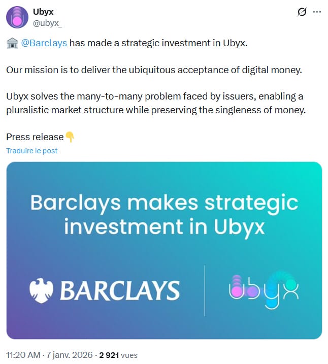 Barclays investit dans la startup de stablecoins Ubyx.