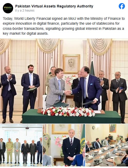 World Liberty Financial (WLFI) et le Pakistan signent un accord sur l’utilisation du stablecoin USD1 pour ses paiements transfrontaliers.