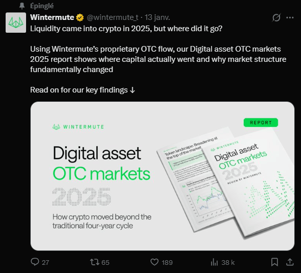 Le marché crypto a franchi une étape historique en 2025, délaissant ses cycles traditionnels de quatre ans pour adopter les codes d'une classe d'actifs institutionnalisée. Selon le dernier rapport OTC de Wintermute publié en janvier 2026, cette transformation structurelle a radicalement modifié la circulation des capitaux, imposant un nouveau régime où l'efficacité de l'exécution prime désormais sur la simple spéculation narrative.