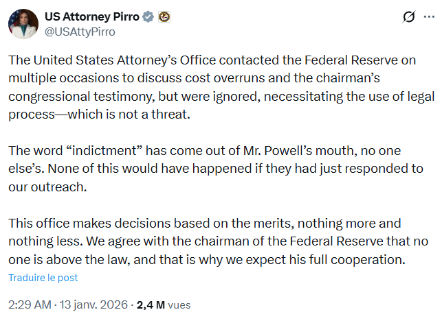 Le justice US demande des explications à Jerome Powell, qui a fait la sourde oreille jusqu'ici.
