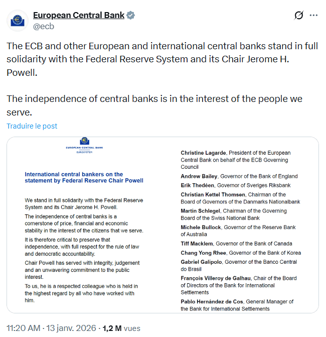 Les banquiers centraux, particulièrement la BCE, sont solidaires de Jerome Powell.