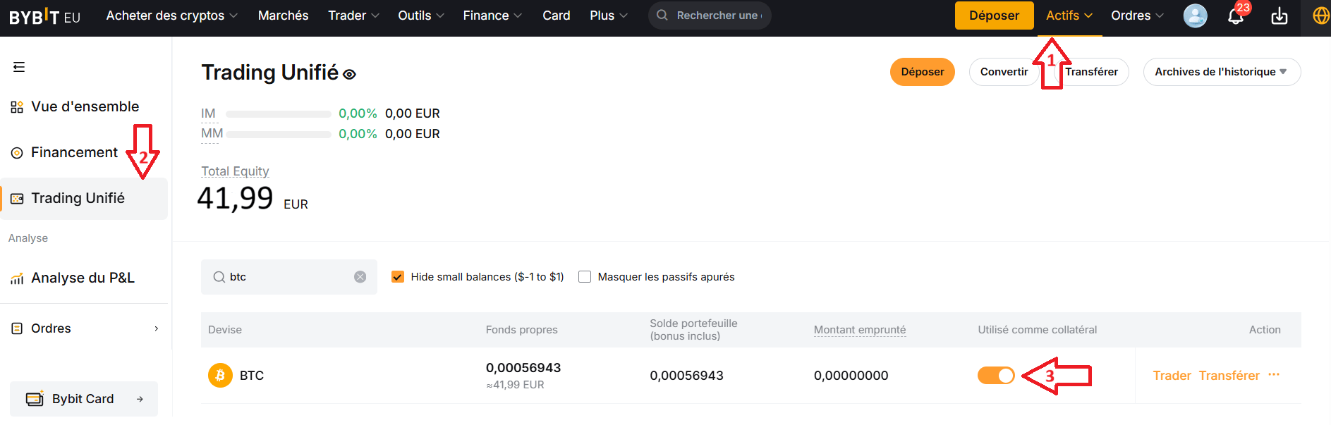 Il faut activer l'utilisation de vos actifs comme collatéral pour trader sur marge surt Bybit.