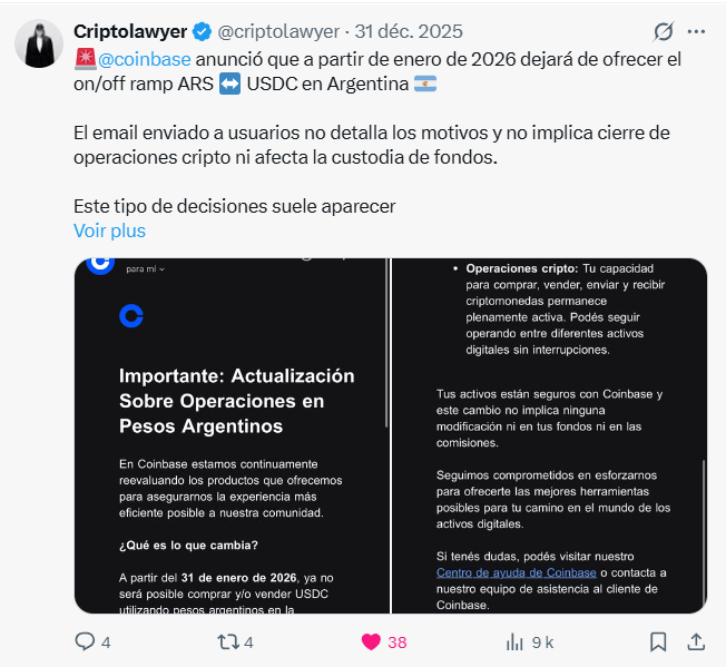 Coinbase n'a pas donné d'explication à sa suspension du peso argentin.