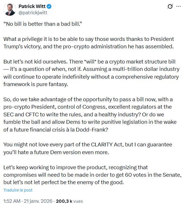 Mieux vaut le CLARITY Act pour le secteur crypto que rien, ou pire, une loi faite par les Démocrates.