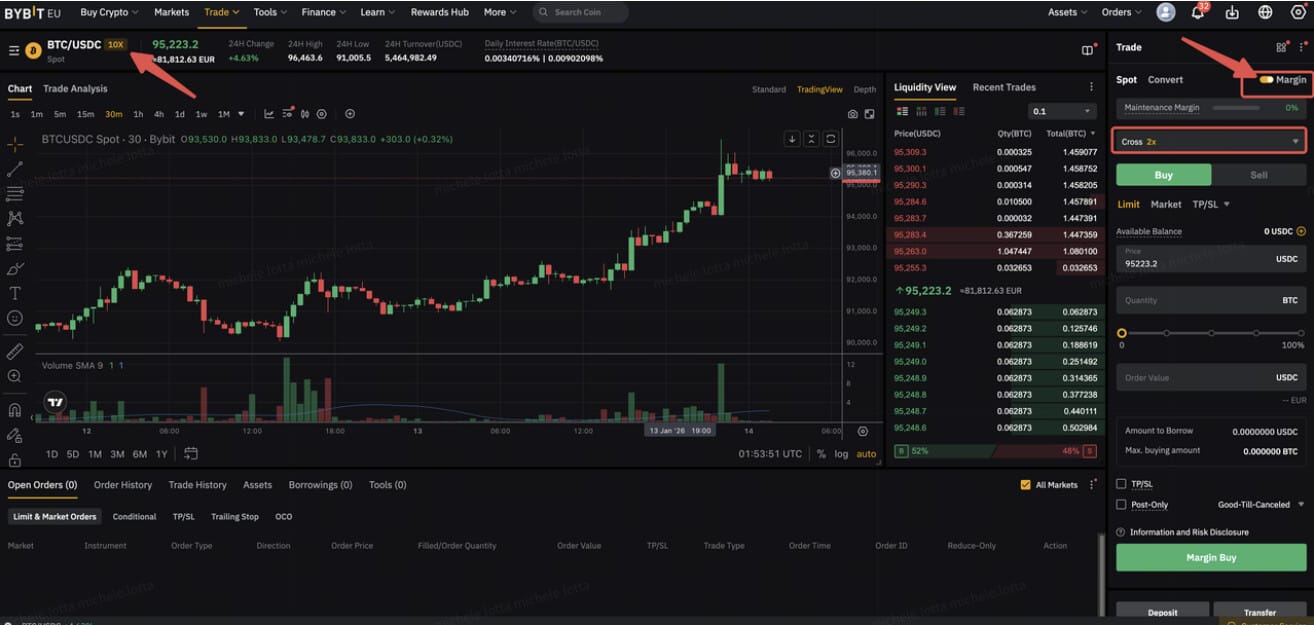 un simple interrupteur bascule du mode « Spot » au mode « Margin » sur Bybit.