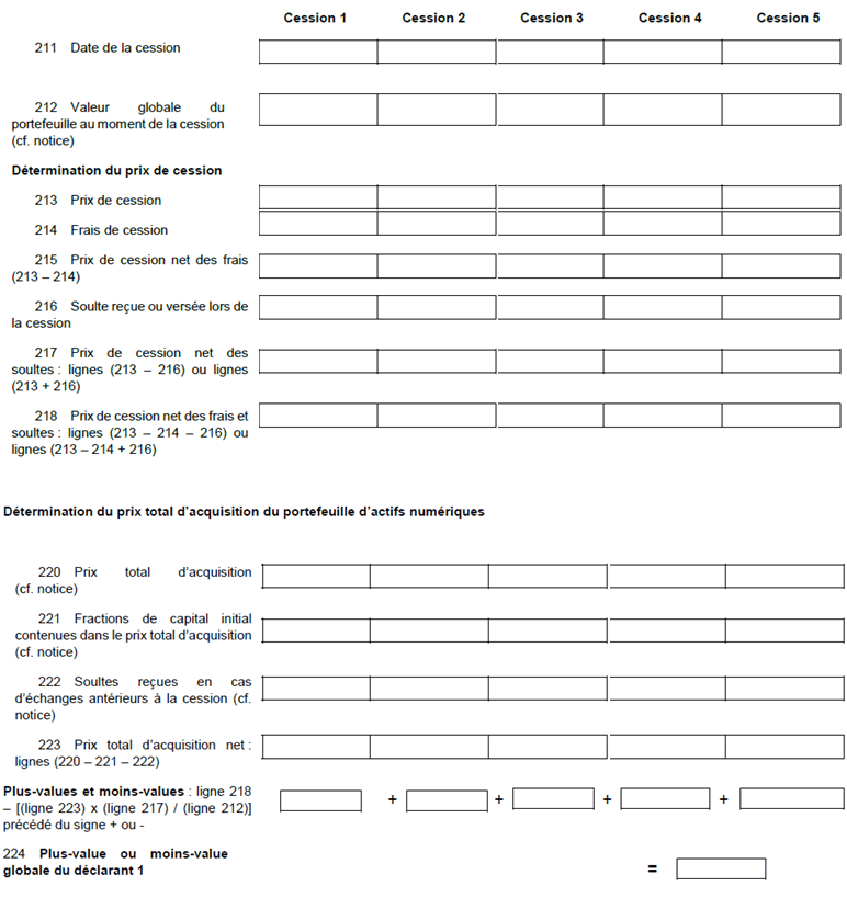 Formulaire 2086 servant à déclarer les transcations imposables