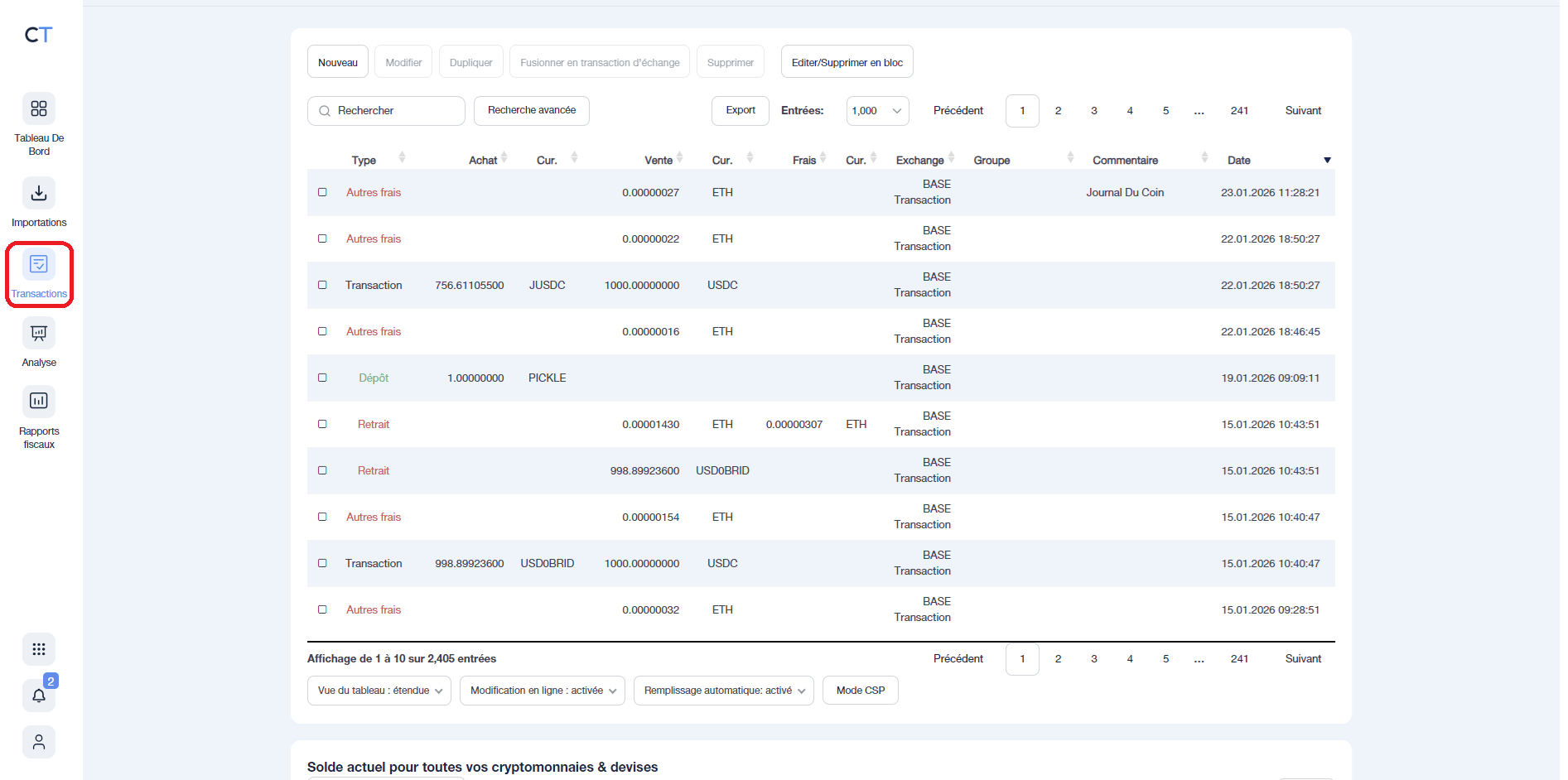 Liste des transcations sur CoinTraking