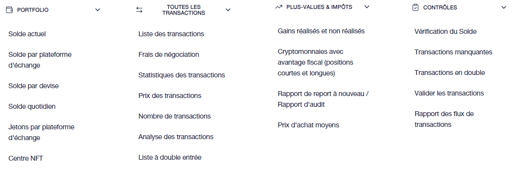 Liste des analyses proposées par CoinTraking