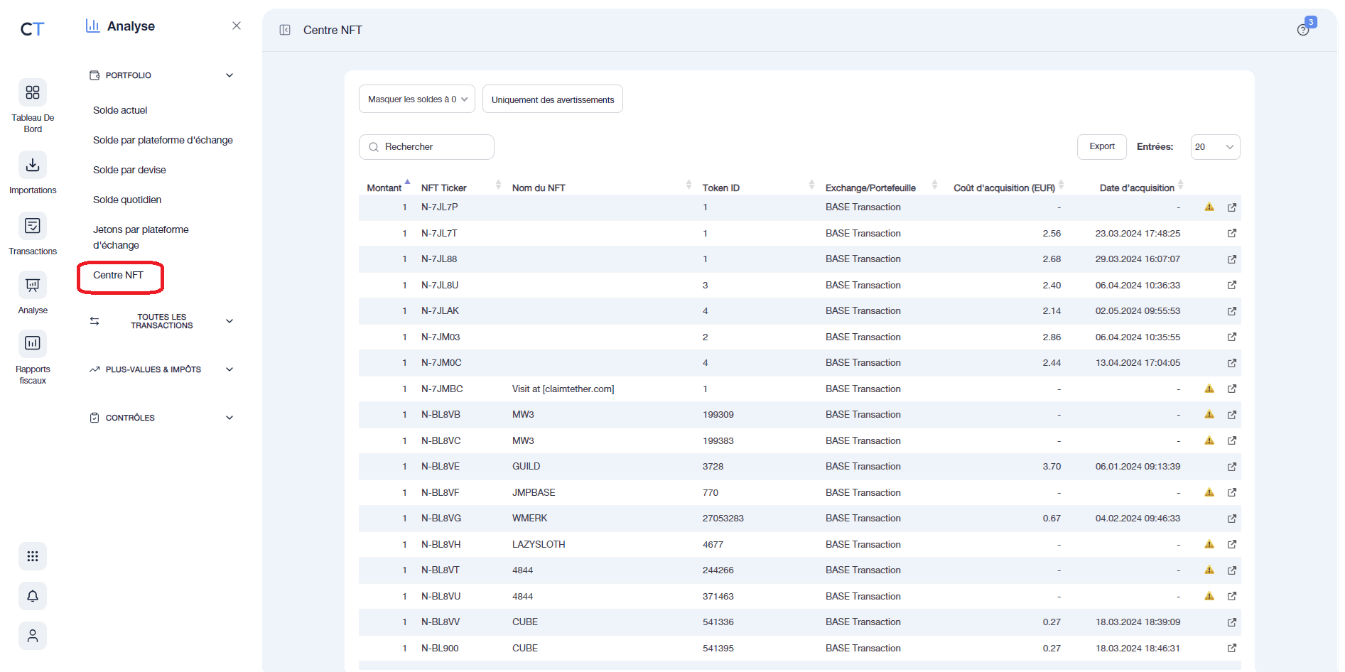 Centre NFT sur CoinTraking