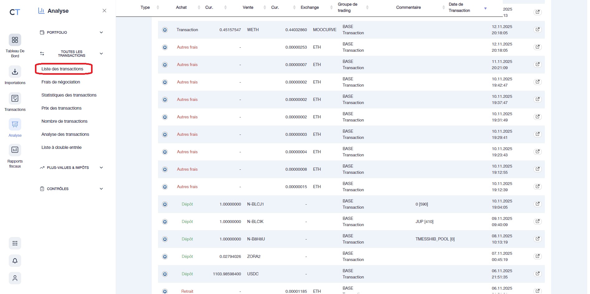 Liste des transactions sur CoinTraking