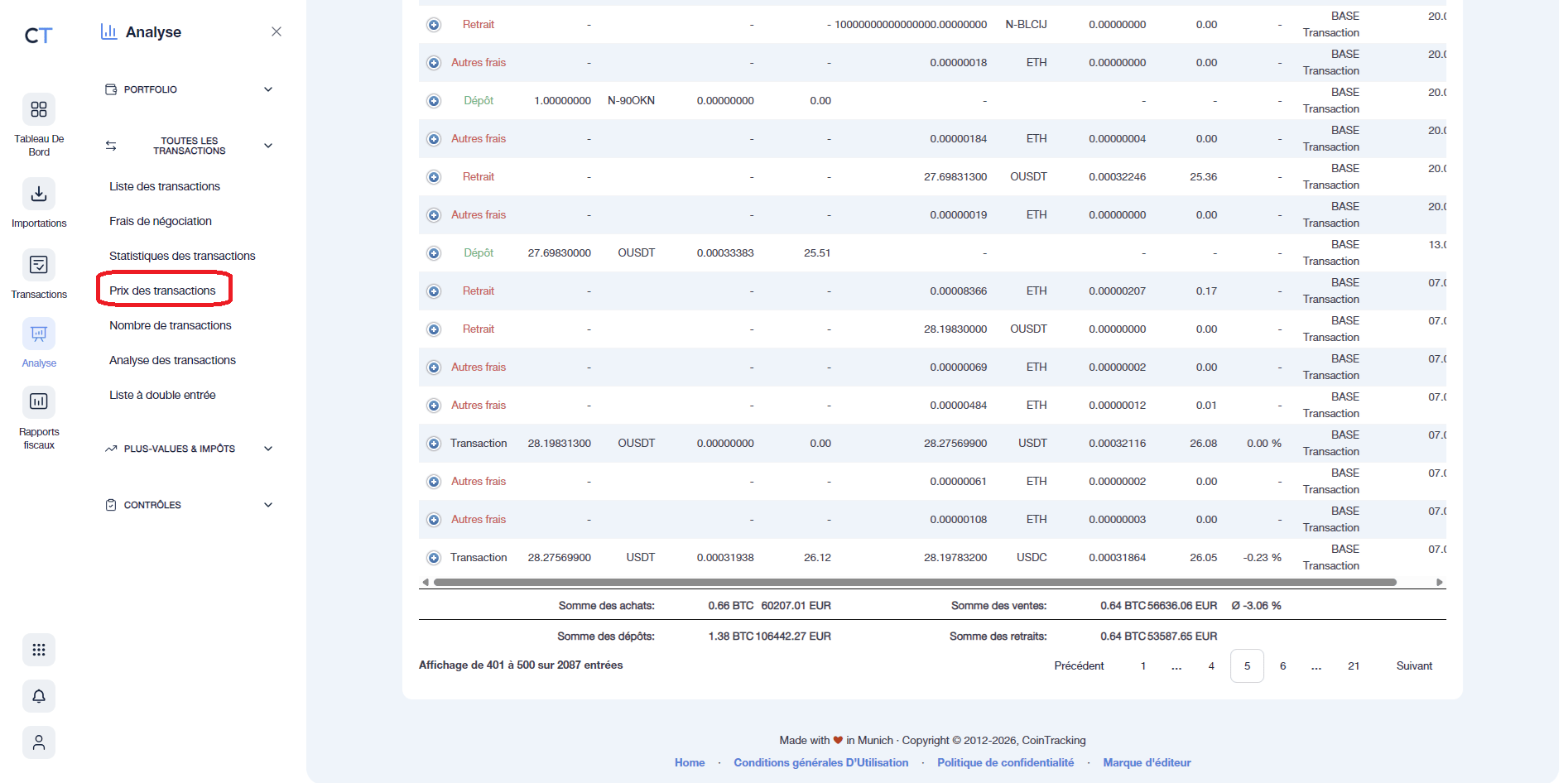 Prix des transactions sur CoinTraking