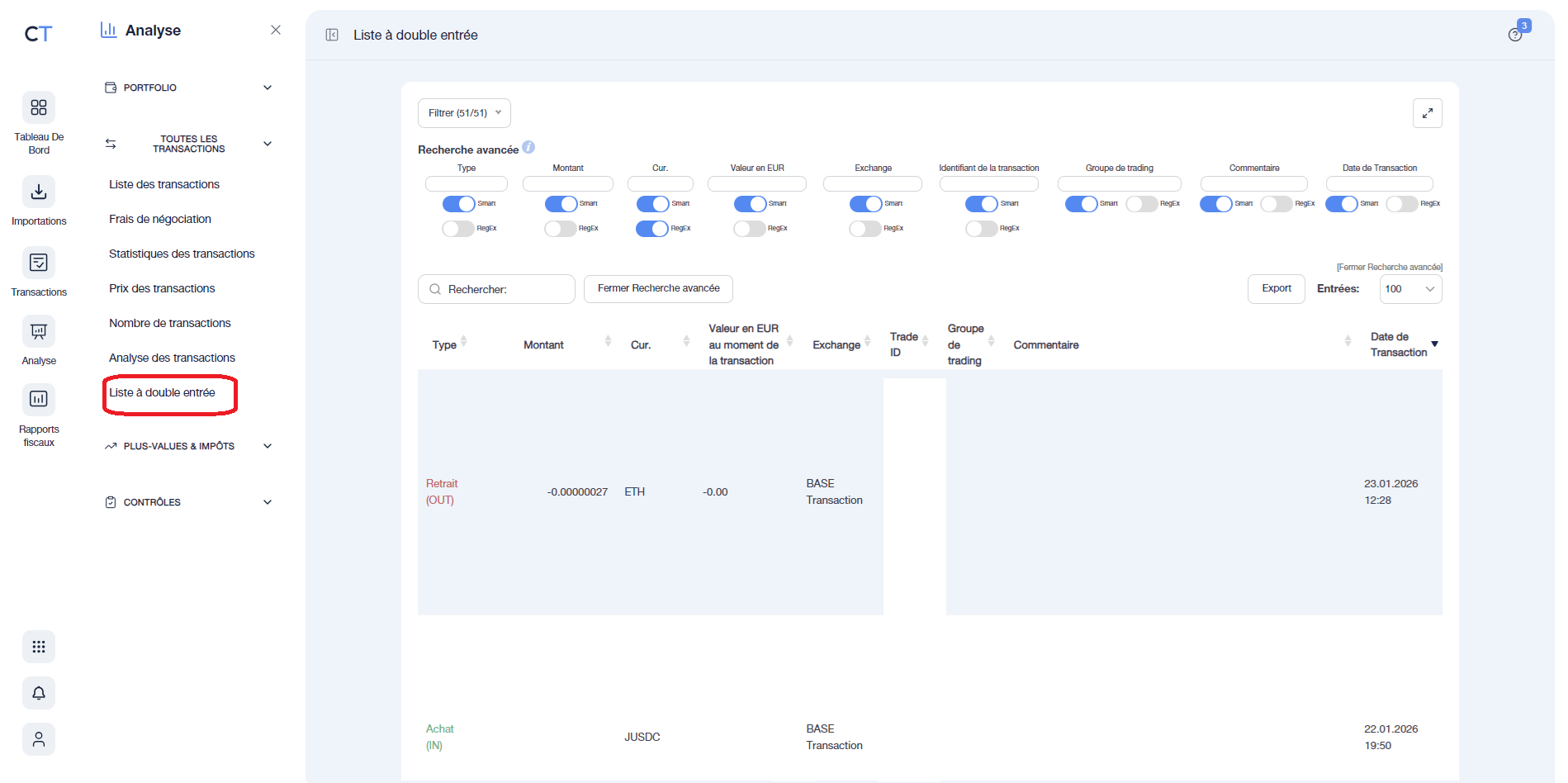 Liste à double entrée sur CoinTraking