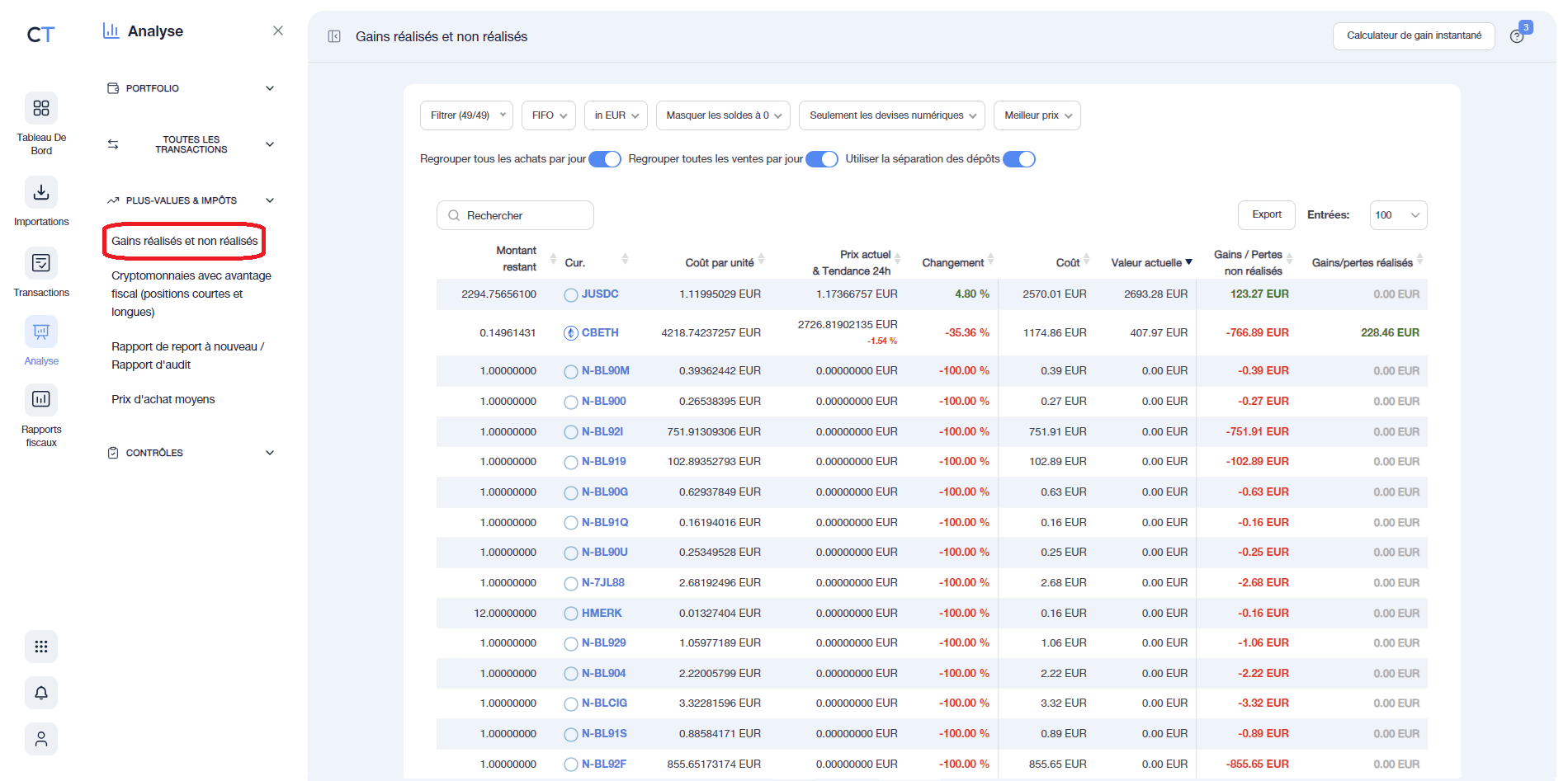 Gains réalisées et non réalisés sur CoinTraking