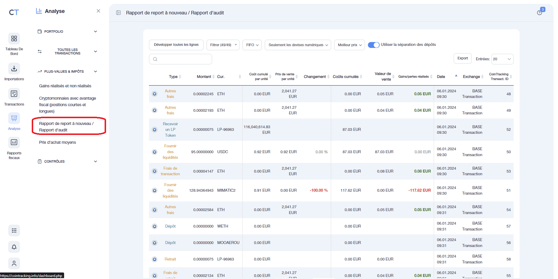 Rapport de report à nouveau / report d'audit