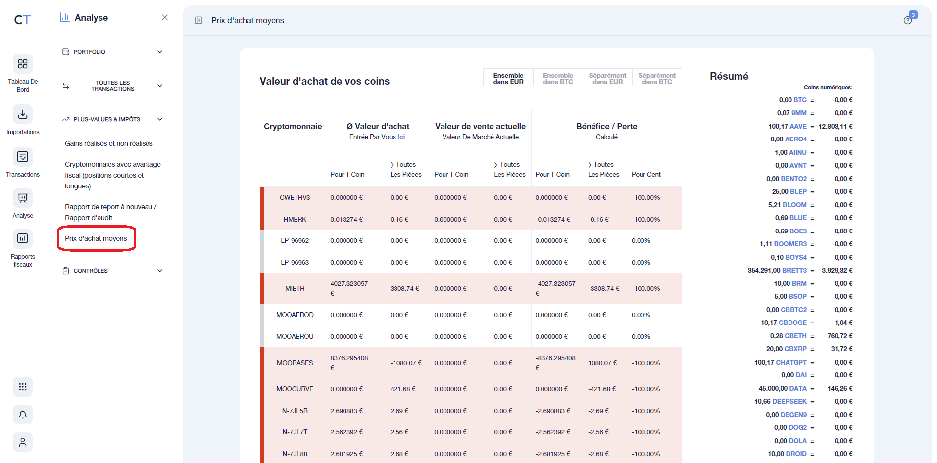 Prix d'achat moyen sur CoinTraking