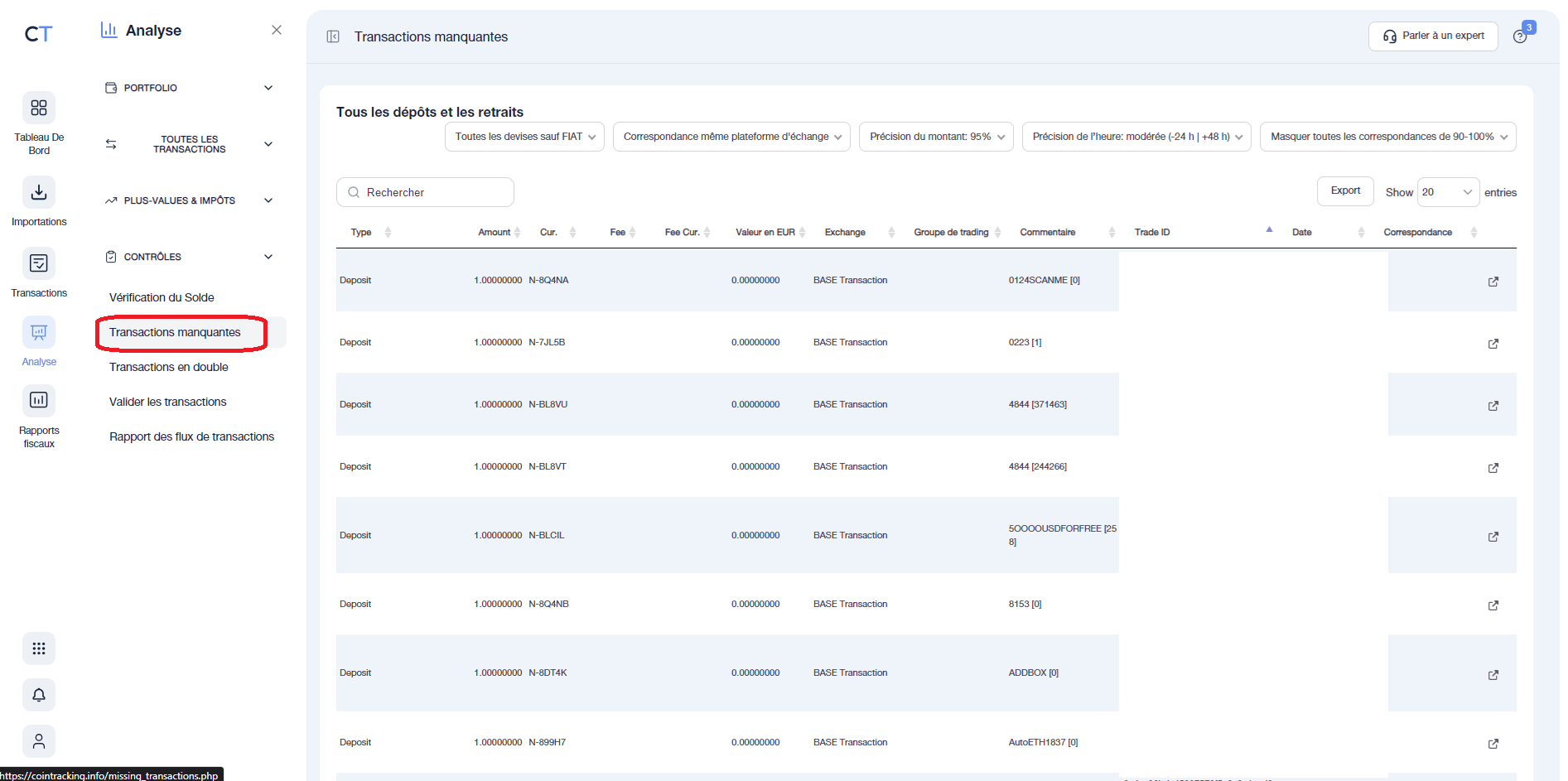 Transactions manquantes sur CoinTraking