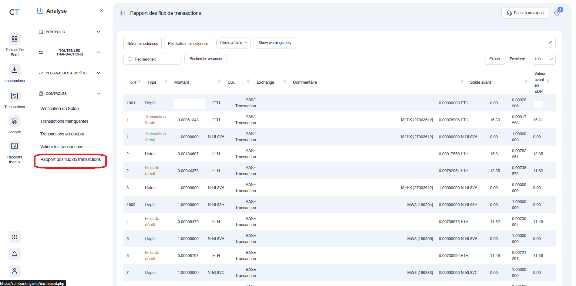 Rapport des flux de transactions sur CoinTraking