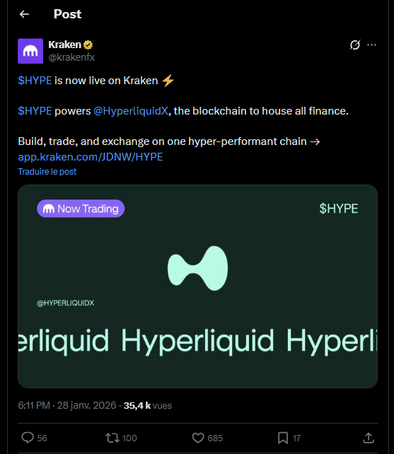 Annonce du listing du Hype par Kraken sur X